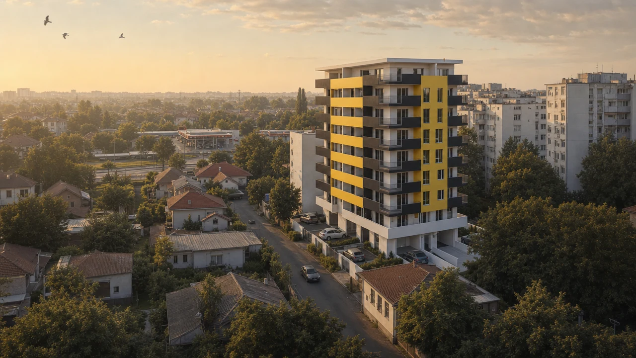 Blocul Ilioara Residence pe Aleea Eprubetei 7, văzut de sus, retras între case